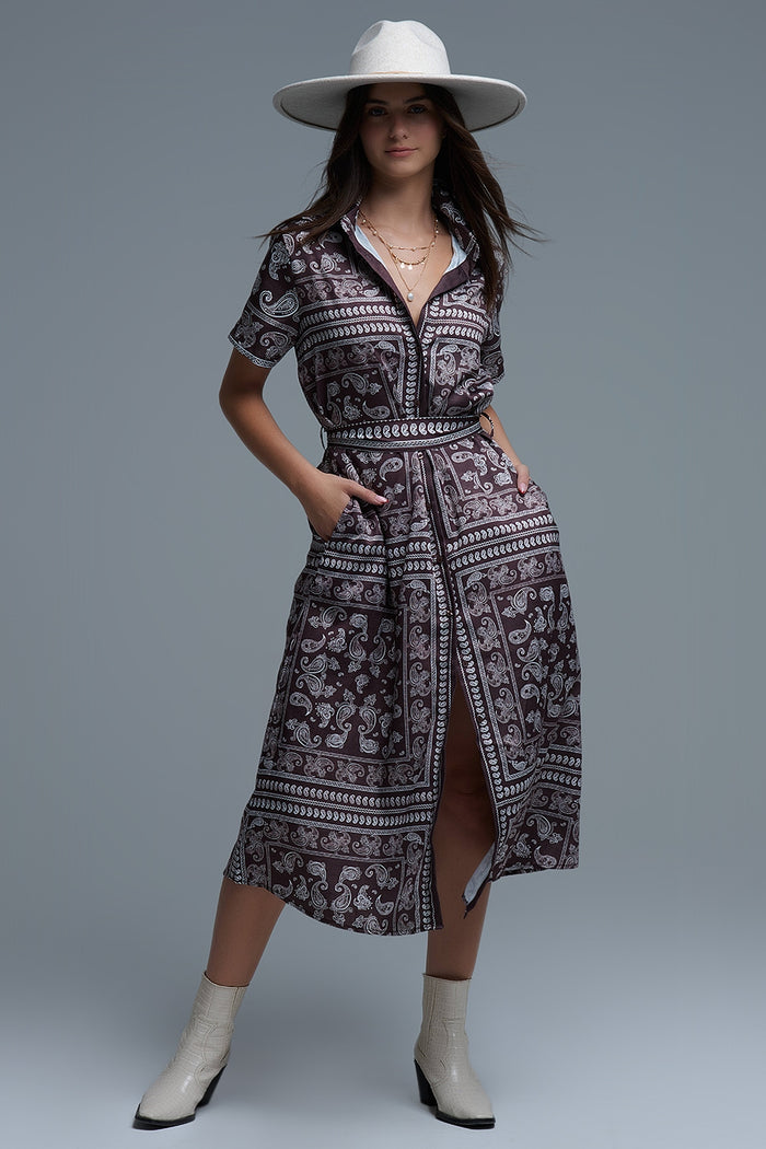 Short Sleeve Paisley Print Shirt Dress in brown - dress
