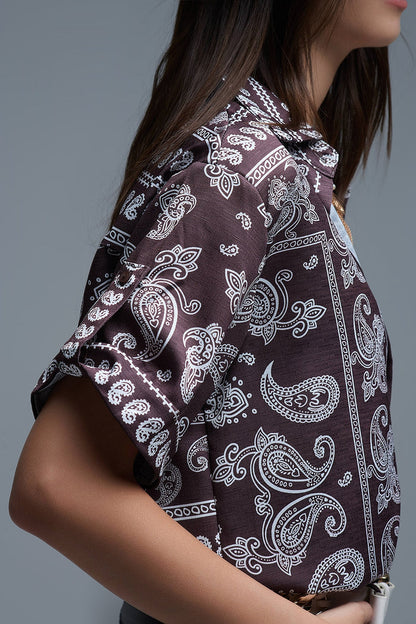Short Sleeve Paisley Print Shirt in Brown - Shirts