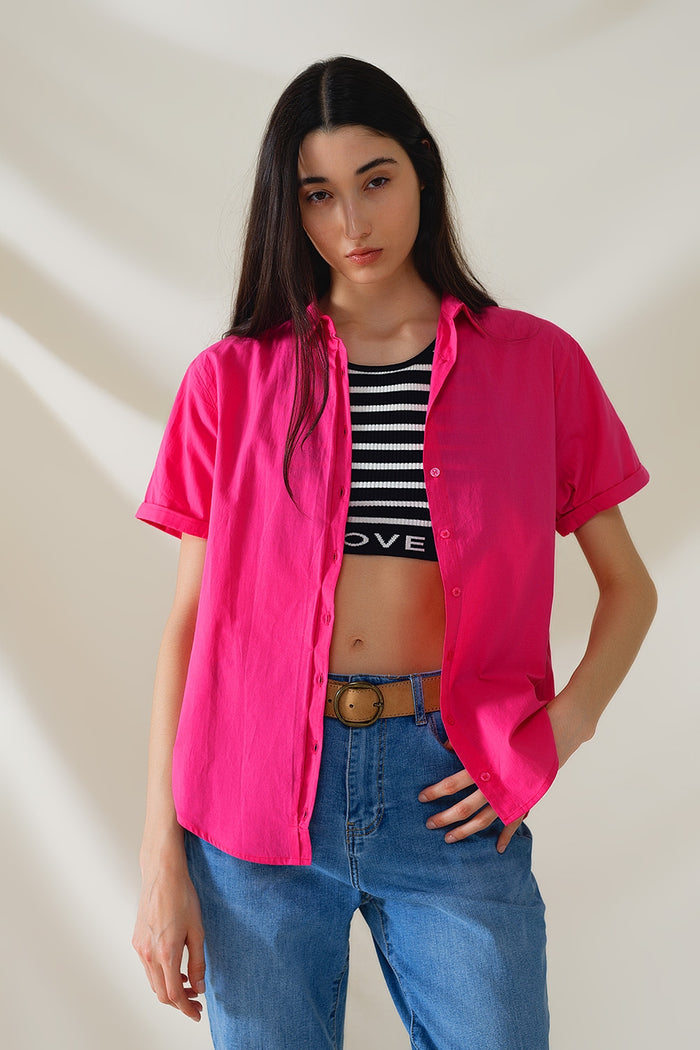 Short Sleeve Relaxed Button Up Shirt in Fuchsia - Shirts