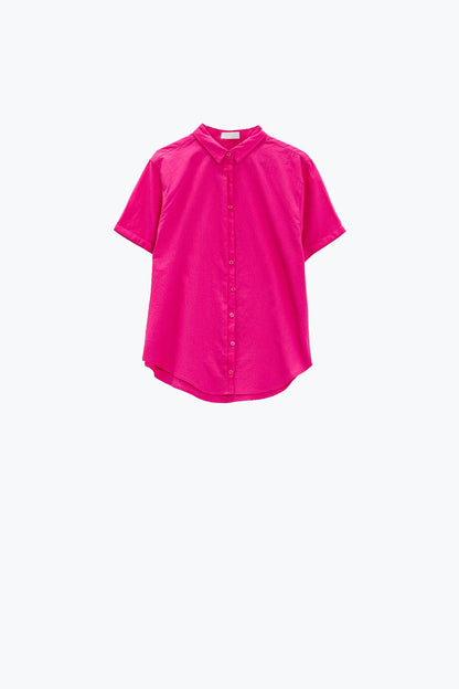 Short Sleeve Relaxed Button Up Shirt in Fuchsia - Shirts