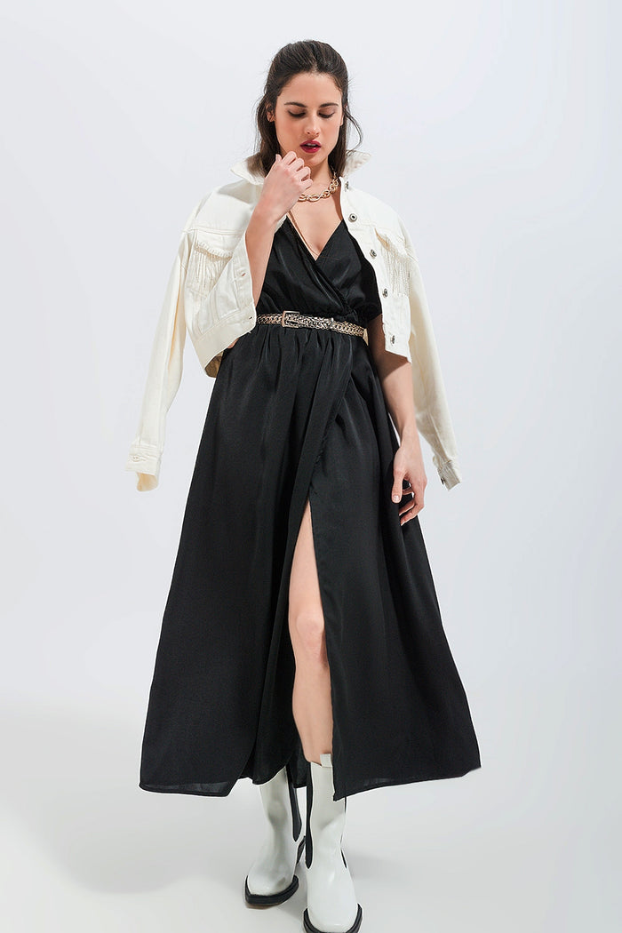 Short sleeve satin maxi dress in black - dress