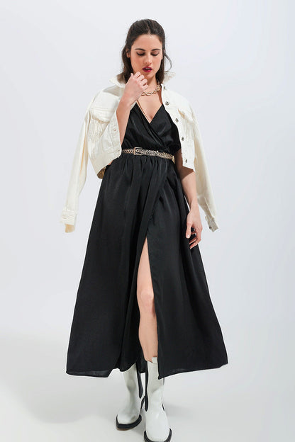Short sleeve satin maxi dress in black - dress