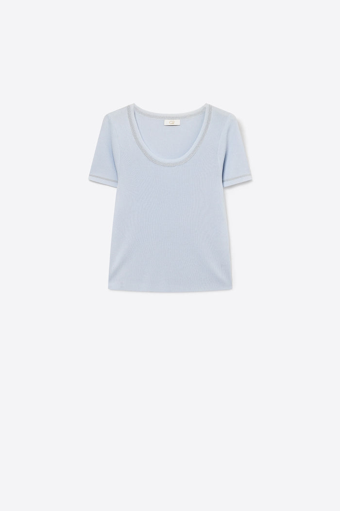 Short Sleeve sweater In baby blue With Silver Seam at Round Neck