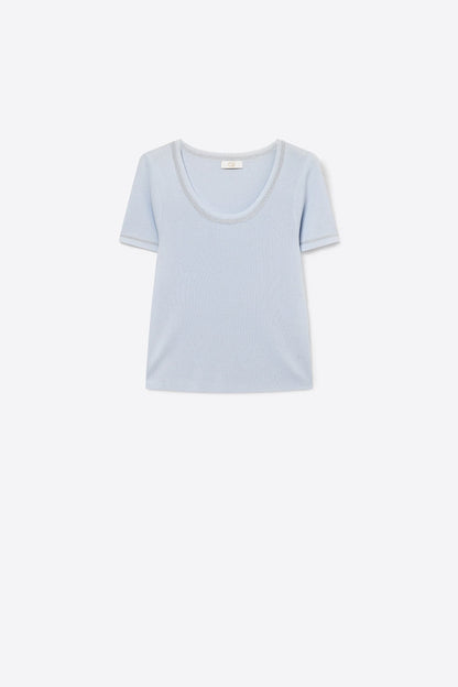 Short Sleeve sweater In baby blue With Silver Seam at Round Neck