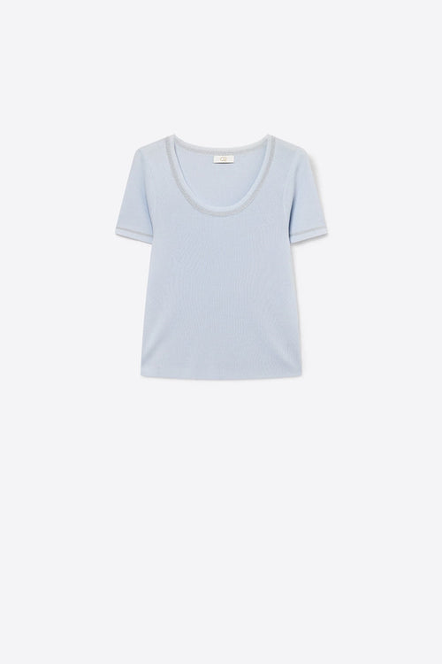 Short Sleeve sweater In baby blue With Silver Seam at Round Neck