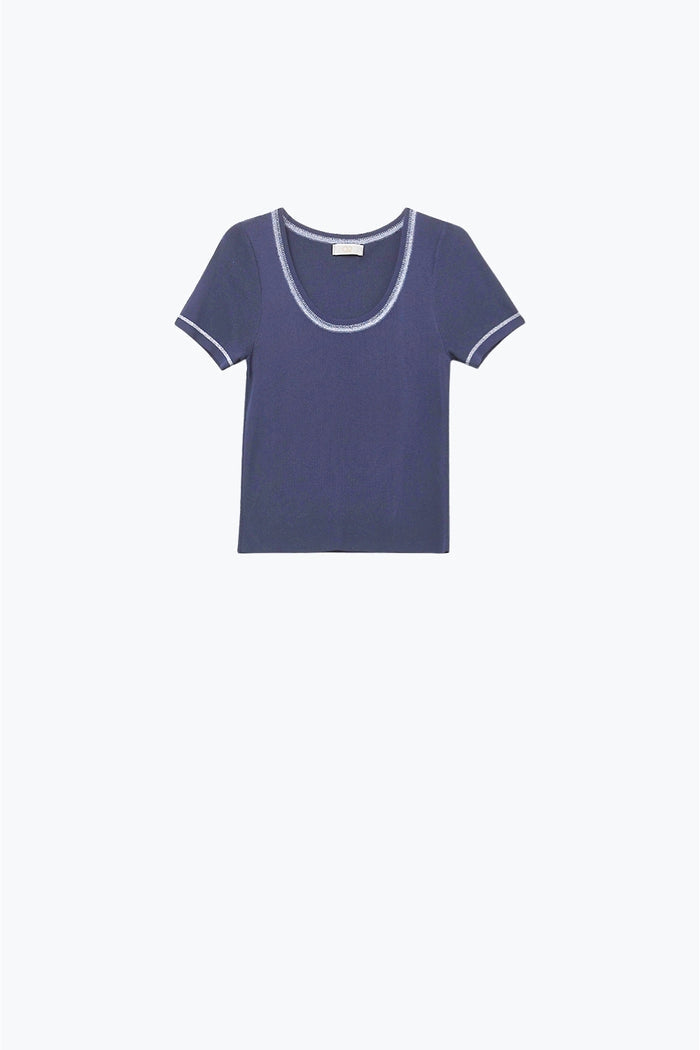 Short Sleeve sweater In navy With Silver Seam at Round Neck