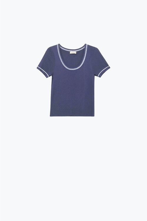 Short Sleeve sweater In navy With Silver Seam at Round Neck