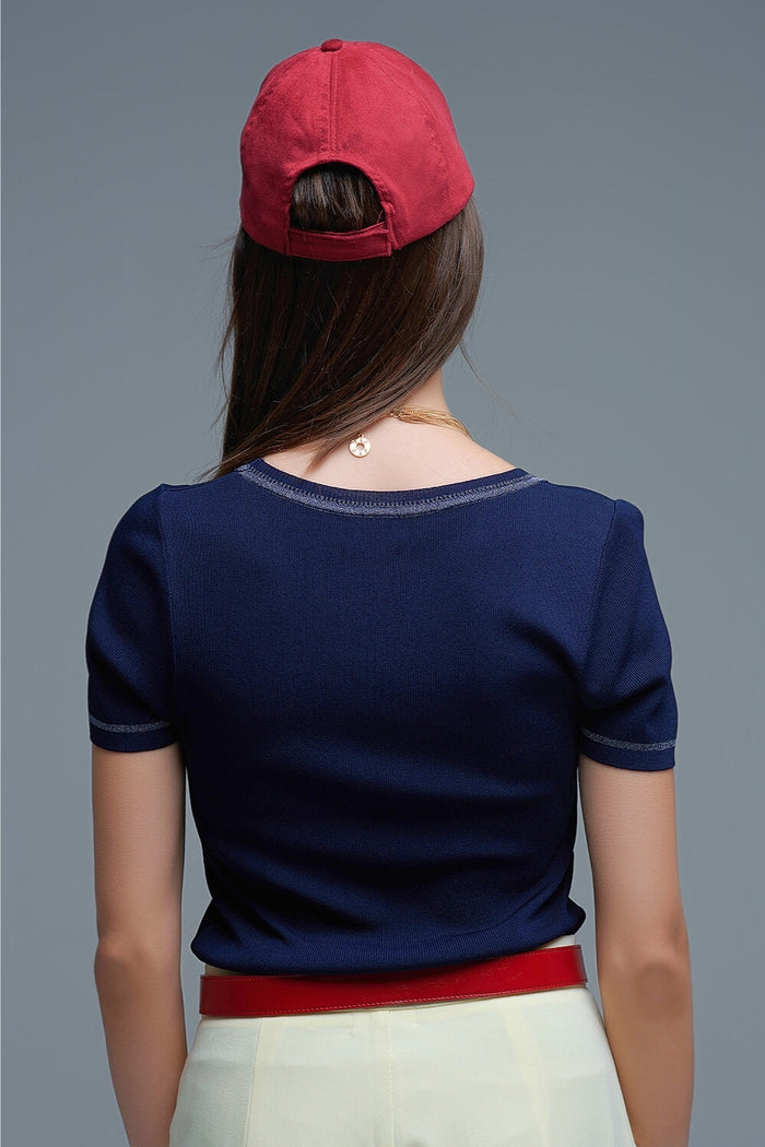 Short Sleeve sweater In navy With Silver Seam at Round Neck