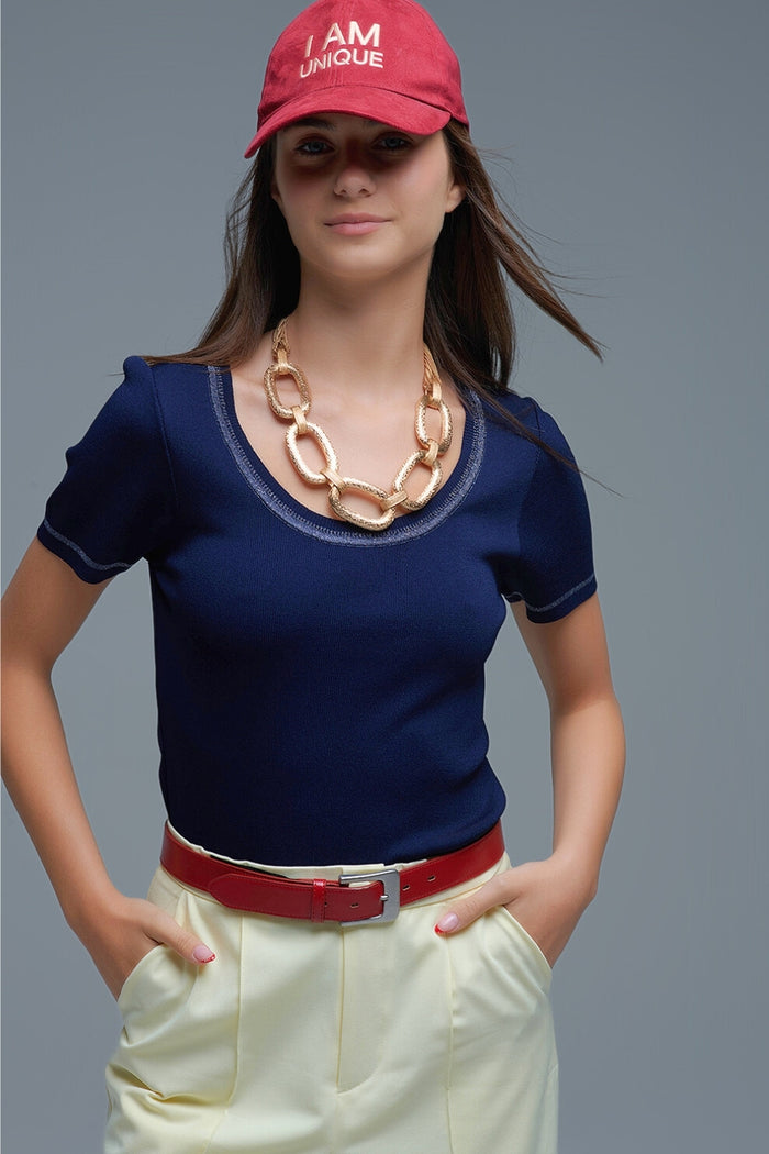 Short Sleeve sweater In navy With Silver Seam at Round Neck