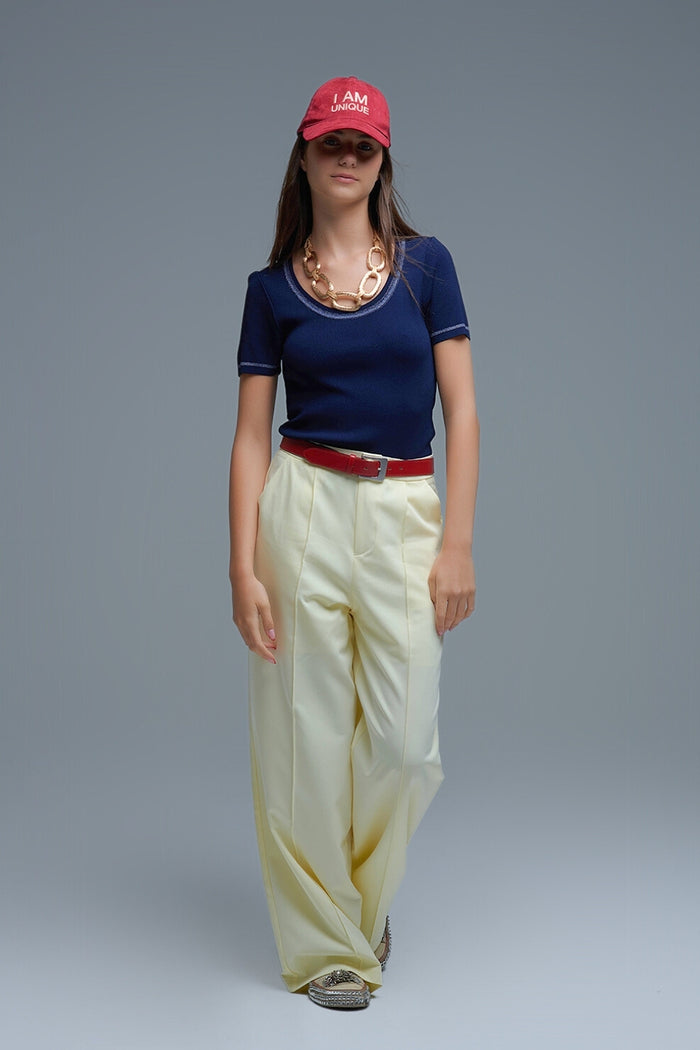 Short Sleeve sweater In navy With Silver Seam at Round Neck