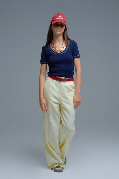 Short Sleeve sweater In navy With Silver Seam at Round Neck