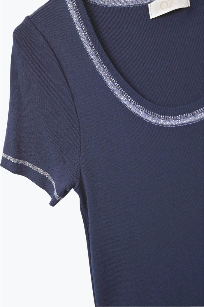 Short Sleeve sweater In navy With Silver Seam at Round Neck