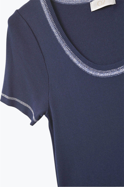 Short Sleeve sweater In navy With Silver Seam at Round Neck