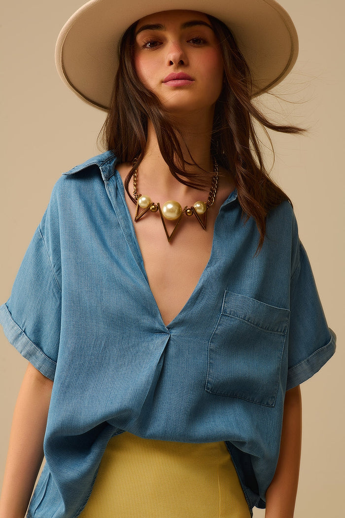 Short Sleeve Tencel Shirt With Chest Pocket in Blue - Shirts, top