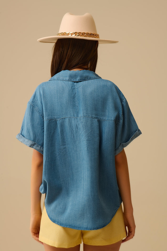 Short Sleeve Tencel Shirt With Chest Pocket in Blue - Shirts, top