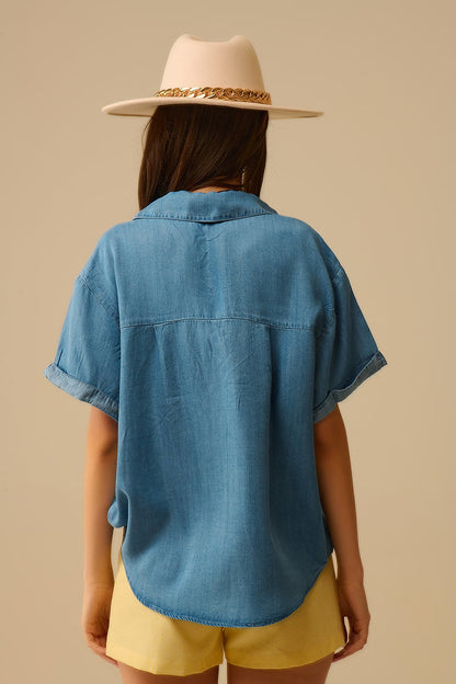 Short Sleeve Tencel Shirt With Chest Pocket in Blue - Shirts, top