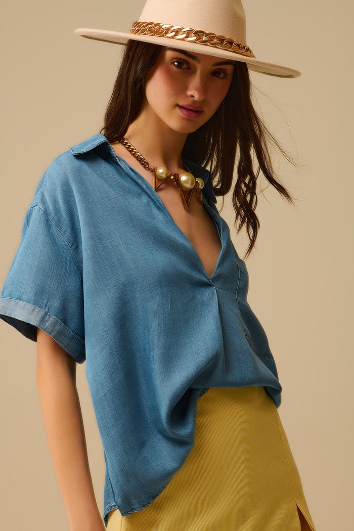 Short Sleeve Tencel Shirt With Chest Pocket in Blue - Shirts, top