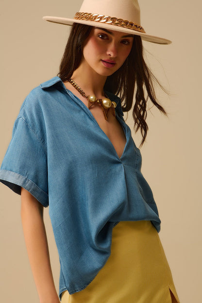 Short Sleeve Tencel Shirt With Chest Pocket in Blue - Shirts, top