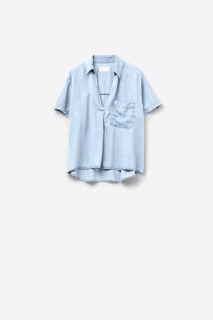 Short Sleeve Tencel Shirt With Chest Pocket in Blue - Shirts, top