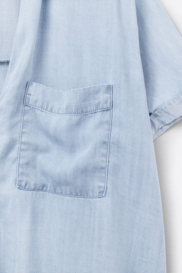 Short Sleeve Tencel Shirt With Chest Pocket in Blue - Shirts, top
