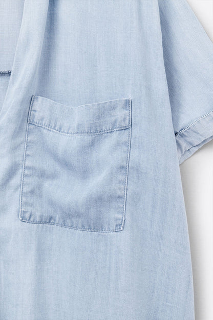 Short Sleeve Tencel Shirt With Chest Pocket in Blue - Shirts, top