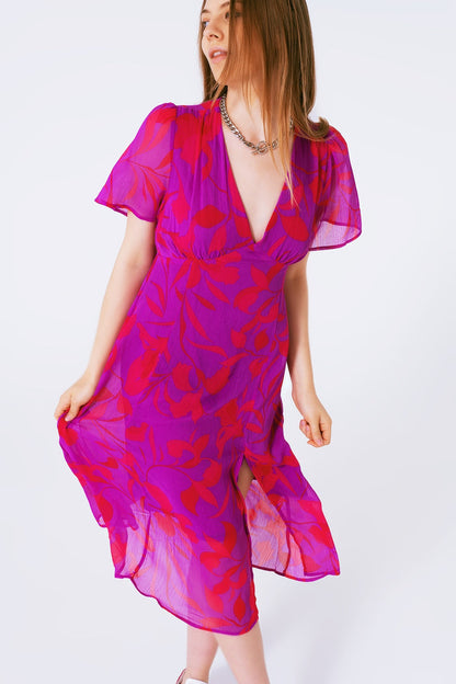 short sleeve V-neck chiffon maxi dress in floral print - dress