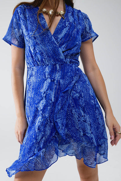 Short Wrap Dress in blue animal printed and Gold lurex - dress