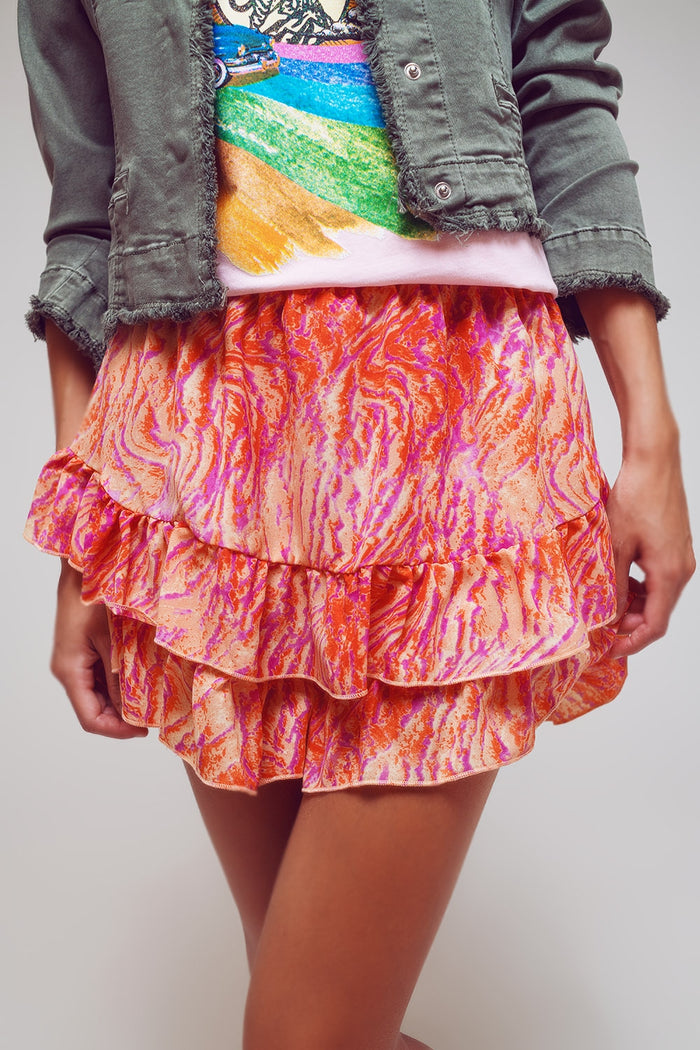 Shorts With Frilly Hem In Abstract Zebra Print In Orange And Fuchsia - trousers