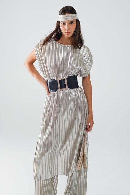 Silver Pleated Dress With Belt And Short Sleeves - dress