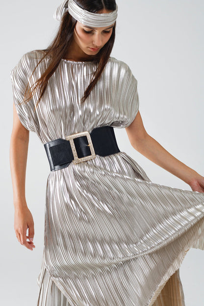 Silver Pleated Dress With Belt And Short Sleeves - dress