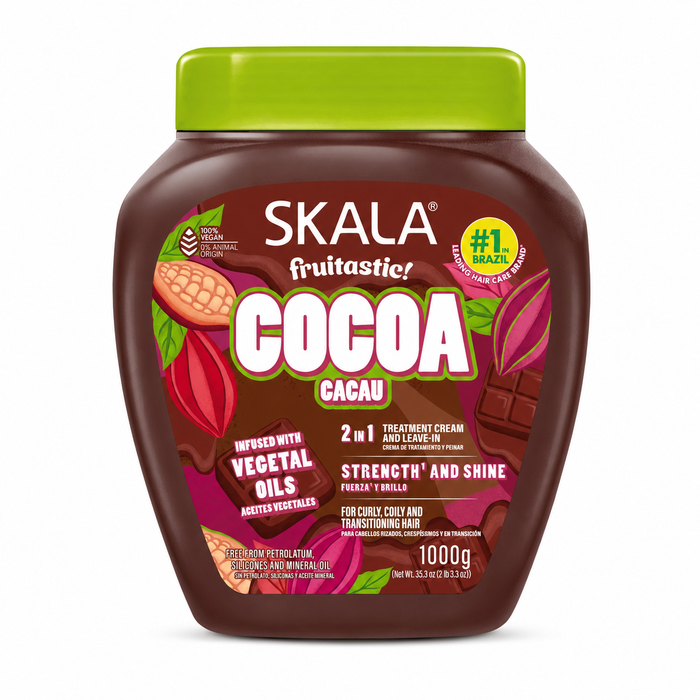 Skala Fruitastic Cocoa Hair Treatment Cream 1KG in a brown tub with a green lid, displayed on a clean white background. Vegan 2-in-1 treatment cream and leave-in infused with cocoa and vegetable oils to strengthen curly, coily and transitioning hair while promoting softness and shine.