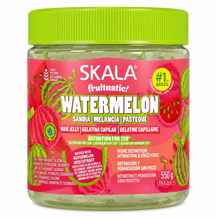 Skala Fruitastic Watermelon Hair Jelly 550g in a clear jar with a bright green lid, displayed on a clean white background. Lightweight vegan hair jelly infused with watermelon seed extract to define curls, boost hydration and reduce frizz for up to 72 hours.