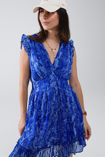 Skater Dress With Cinched Waist in Snake Blue Print With Gold Lurex Thread - dress