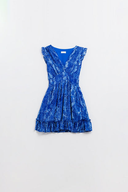 Skater Dress With Cinched Waist in Snake Blue Print With Gold Lurex Thread - dress