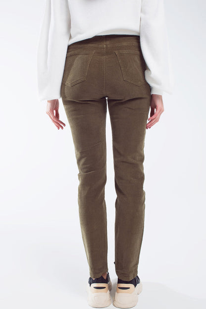 skinny cord pants in olive green - trousers