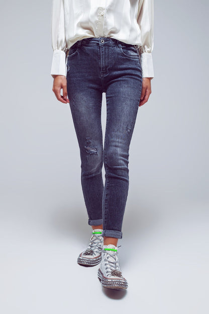 Skinny Fit Distressed Jeans in Grey - Denim