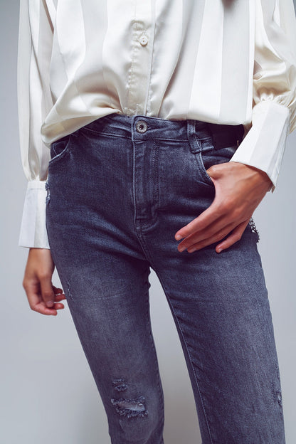 Skinny Fit Distressed Jeans in Grey - Denim