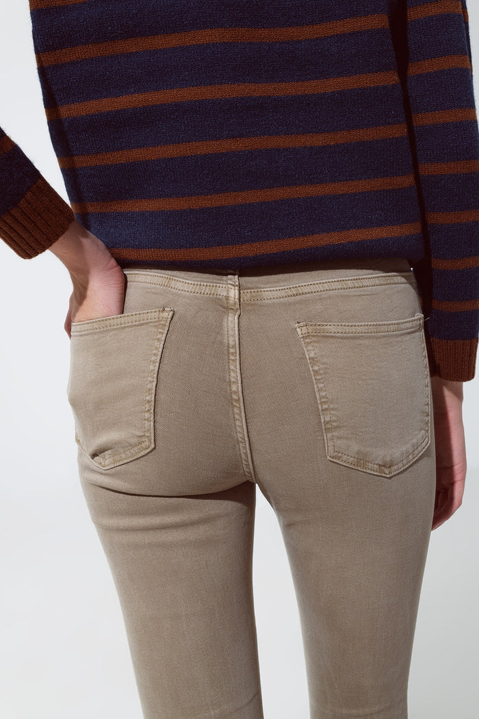 Skinny Flared Jeans With Double Button Detail in Beige - Coloured Jeans