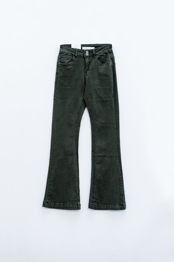 Skinny Flared Jeans With Double Button Detail in Khaki - Coloured Jeans