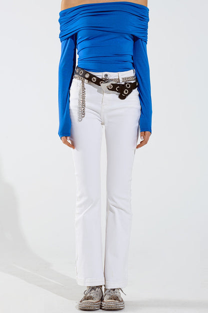 Skinny Flared Jeans With Double Button Detail in White - Coloured Jeans
