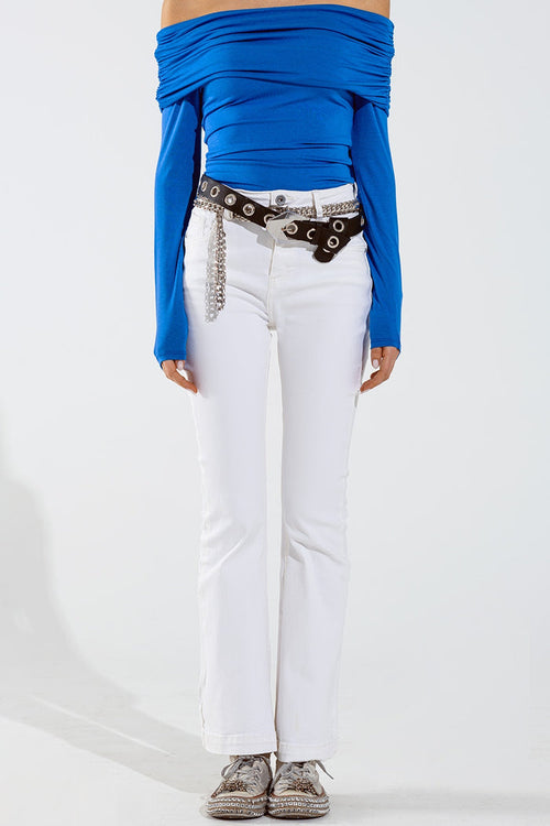 Skinny Flared Jeans With Double Button Detail in White - Coloured Jeans