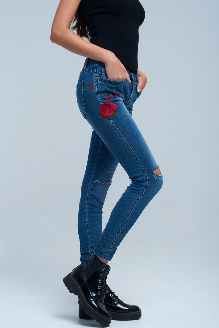Skinny jean embroidered detail - Denim