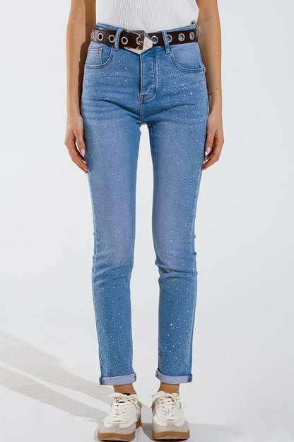 Skinny jeans in washed blue with strass all over the front - Denim