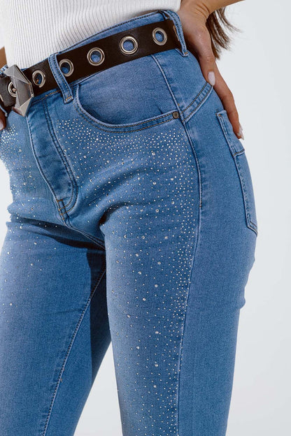 Skinny jeans in washed blue with strass all over the front - Denim