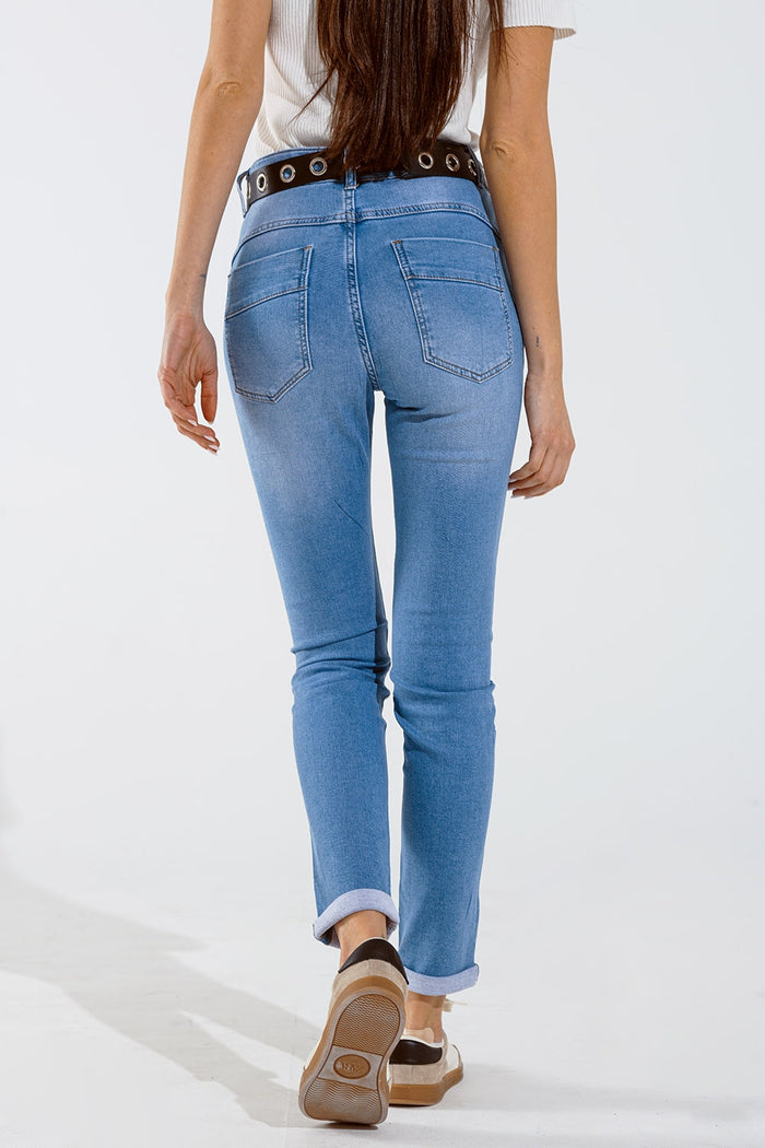 Skinny jeans in washed blue with strass all over the front - Denim