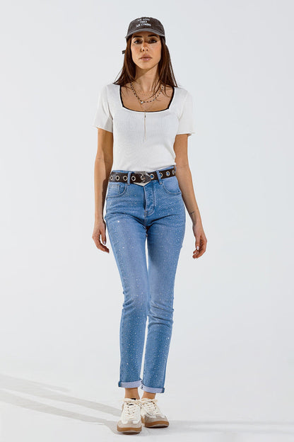 Skinny jeans in washed blue with strass all over the front - Denim