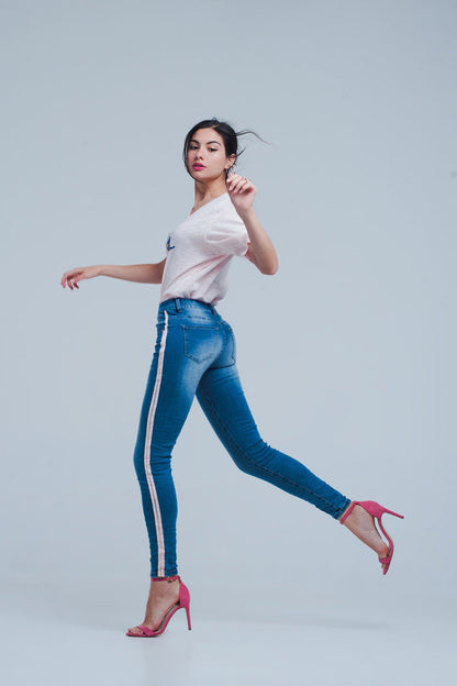 Skinny jeans with side seam stripes - Denim