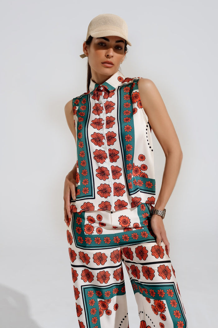 Sleeveless Creme Shirt With Floral Design - Shirts