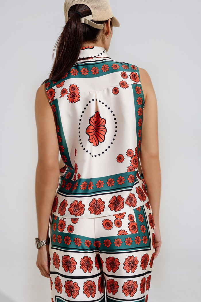 Sleeveless Creme Shirt With Floral Design - Shirts