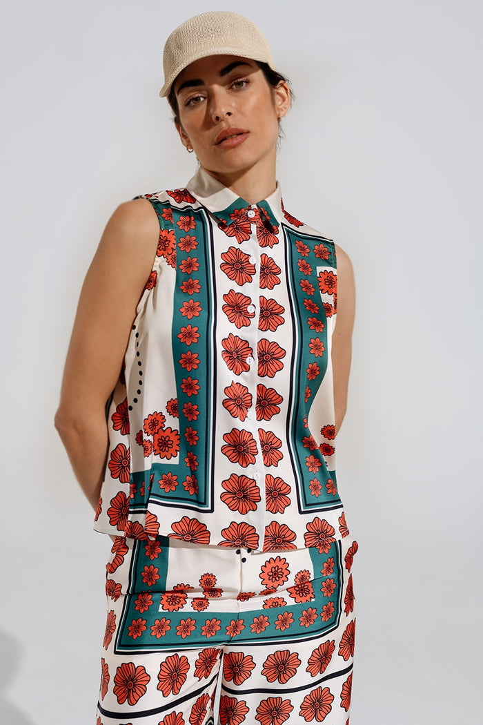 Sleeveless Creme Shirt With Floral Design - Shirts